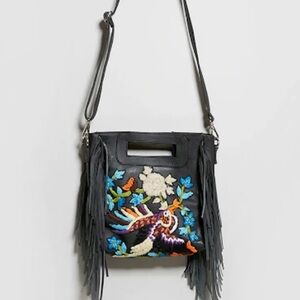 NWOT ANTHRO RAJ 100% leather Embroidered Black Fringe bag